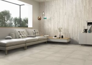 Castelvetro Concept is a collection of basic materials: wood, stone, and cement look tiles.